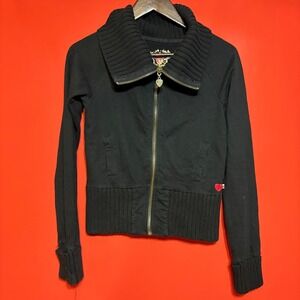 Twisted Heart Black‎ Ribbed Collar Zip Up Sweater with Rhinestone